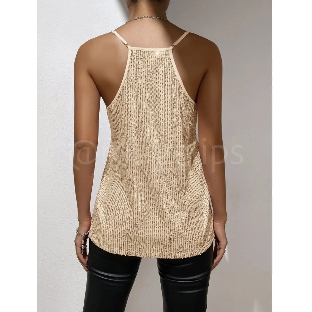 Sequin Detail Champagne Gold Cami Top - Picture 3 of 10